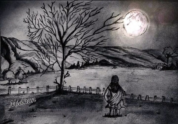 Pencil Sketch of Dark Night View - DesiPainters.com