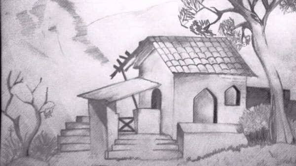 Pencil Sketch of House - DesiPainters.com