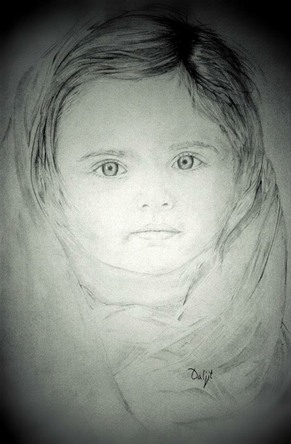 Pencil Sketch Of Cute Little Girl - DesiPainters.com