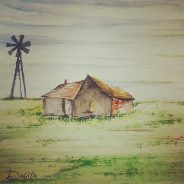 Oil Painting of Beautiful Village House With Windmill - DesiPainters.com