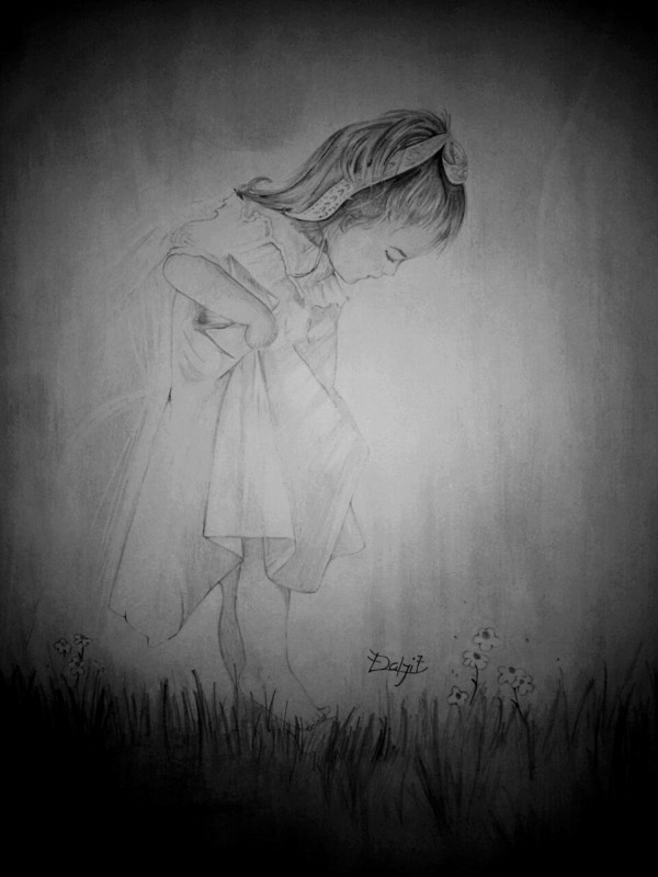 Pencil Sketch of Child Playing On Grass