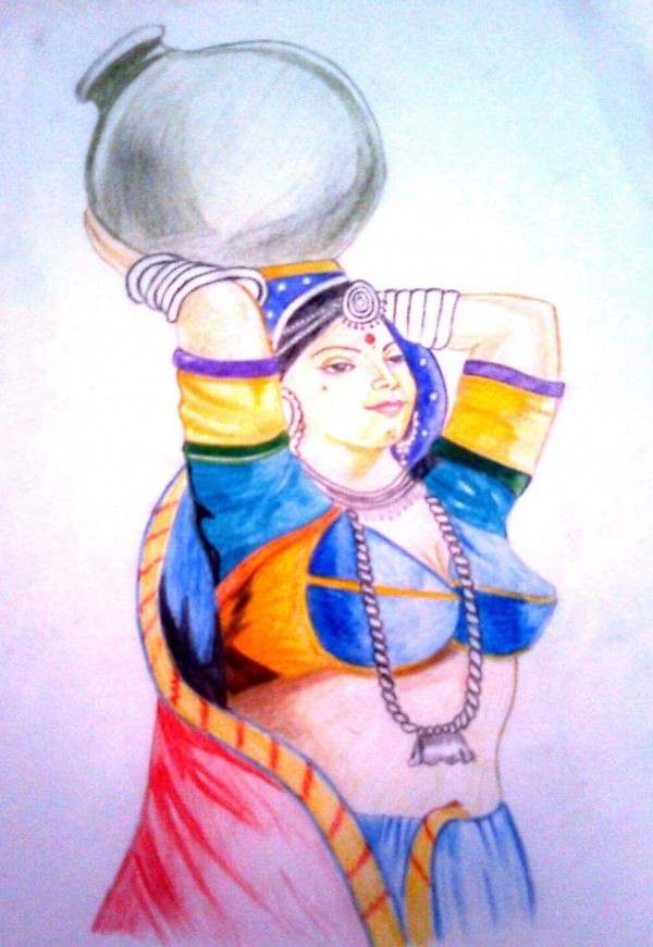 Pencil Color Sketch of Village Lady - DesiPainters.com