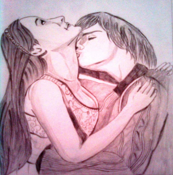 Pencil Color Sketch of Couple Kiss
