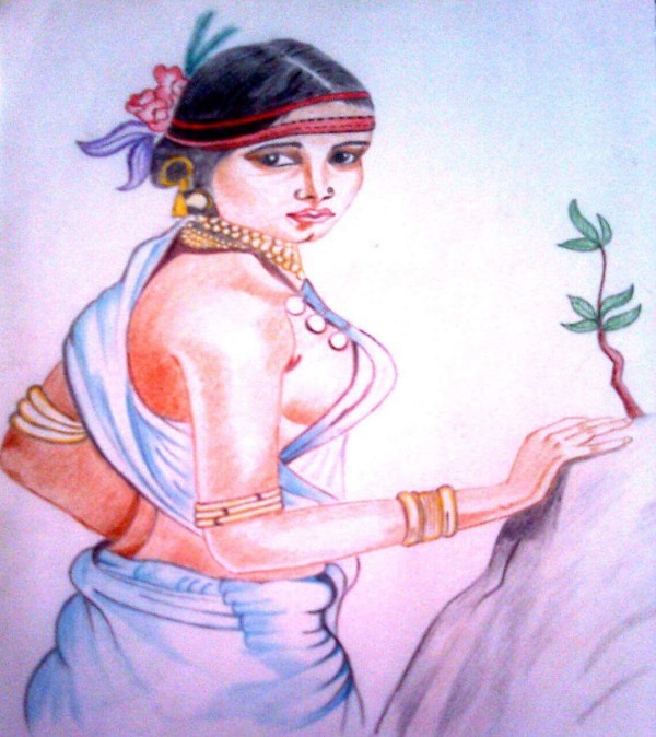 Pencil Color Sketch of Forest Girl