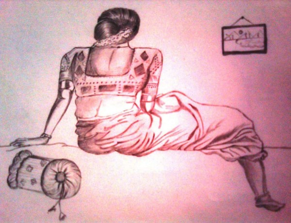Pencil Color Sketch of Girl Back - DesiPainters.com