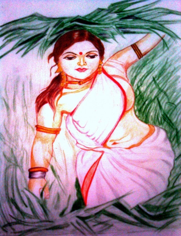 Pencil Color Sketch of Village Girl