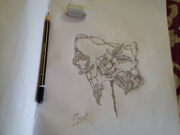 Pencil Sketch of Rose , Heart and Key - DesiPainters.com