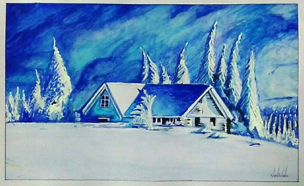 Watercolor Painting of Snowy House - DesiPainters.com