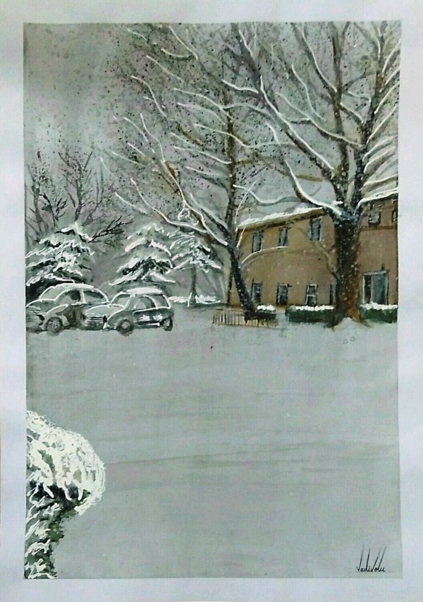 Watercolor Painting of Snowy Home - DesiPainters.com