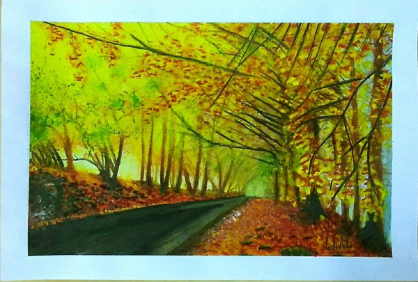 Watercolor Painting of Road Covered With Yellow Tree