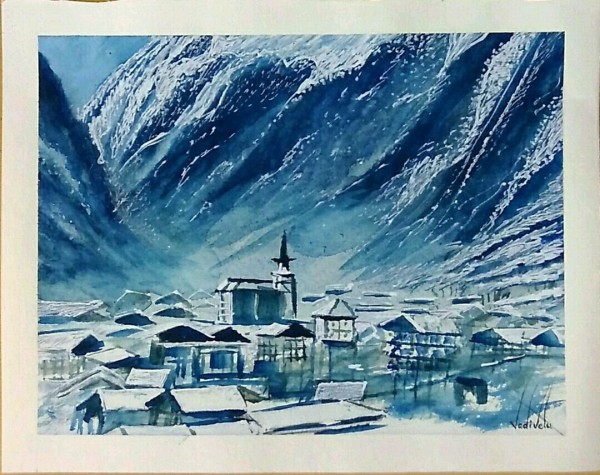 Watercolor Painting of Snowy Hills Valley - DesiPainters.com