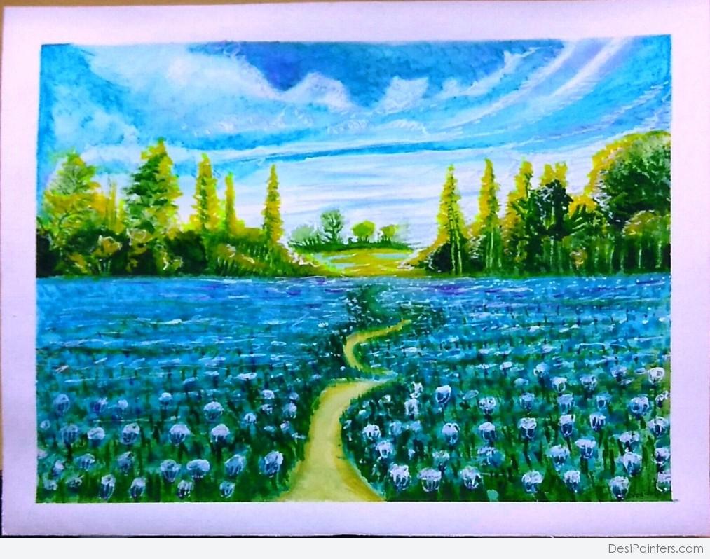 Watercolor Painting of Beautiful Garden | DesiPainters.com