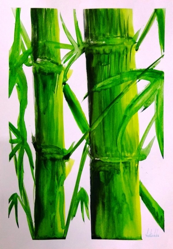 Watercolor Painting of Big Bamboo Trees - DesiPainters.com