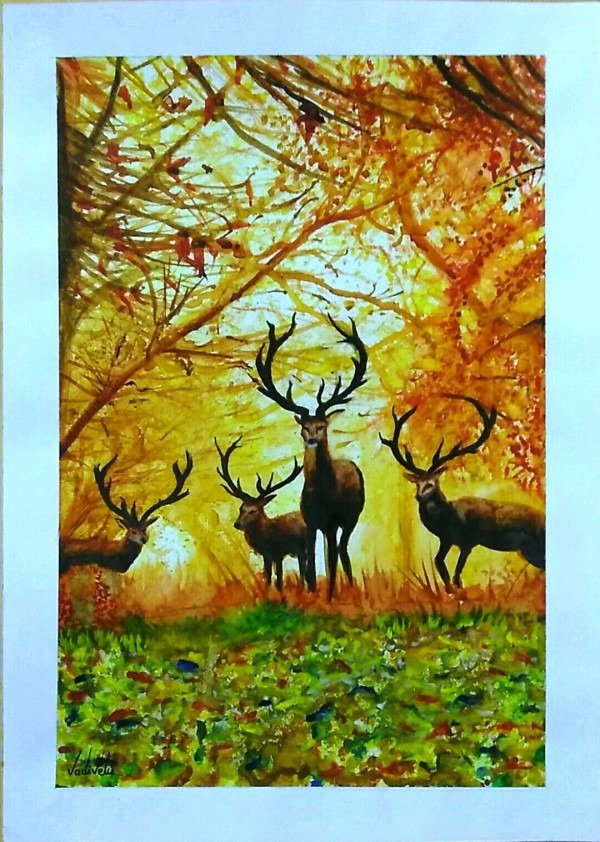 Watercolor Painting of Forest With Deer - DesiPainters.com