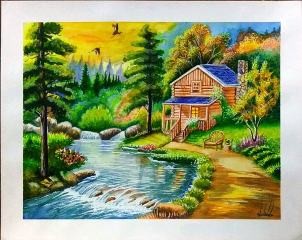 Watercolor Painting of Beautiful Nature With House - DesiPainters.com