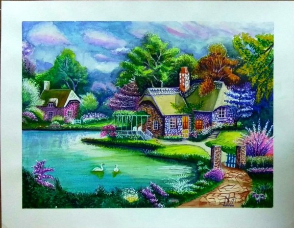  Watercolor Painting of River With House