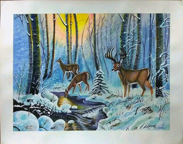 Watercolor Painting of Deer With Snowy Nature - DesiPainters.com