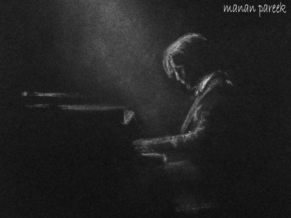 White Charcoal Sketch of A Pianist