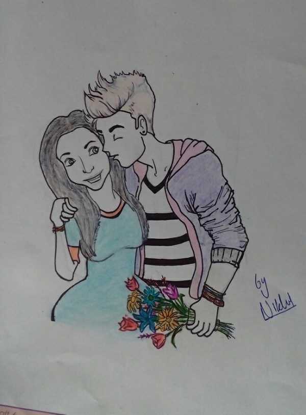 Pencil Color Sketch of Boy and Girl