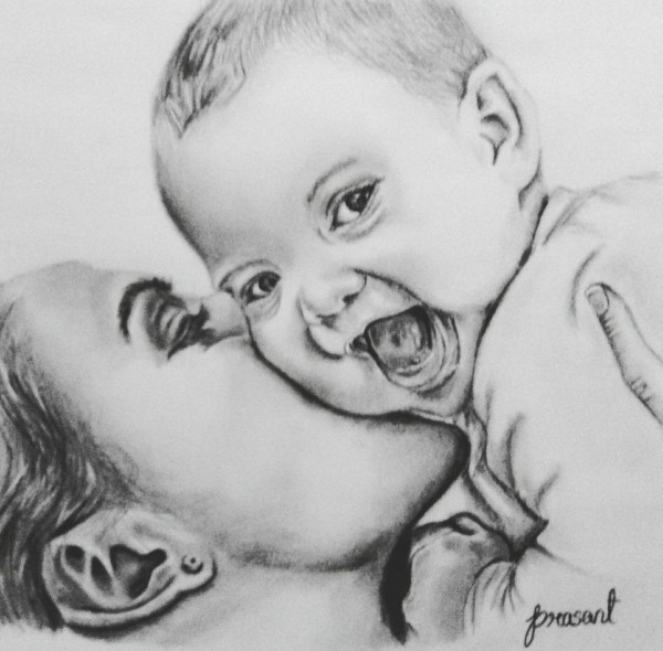 Pencil Sketch of Mother and Child - DesiPainters.com