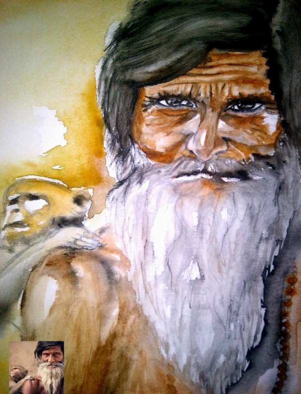 Watercolor Painting of Old Man With His Monkey - DesiPainters.com