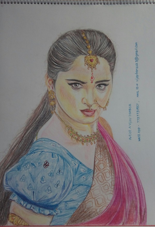 Pencil Color Sketch of Anushka Shetty In Bahubali - DesiPainters.com