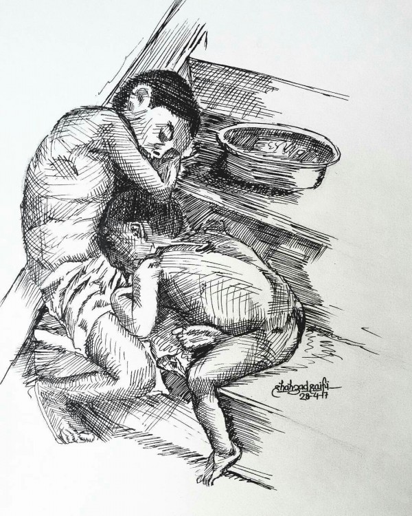 Ink Painting of Poor Child - DesiPainters.com