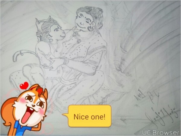 Pencil Sketch of Bal Hanuman With Mother Goddess Añjan?