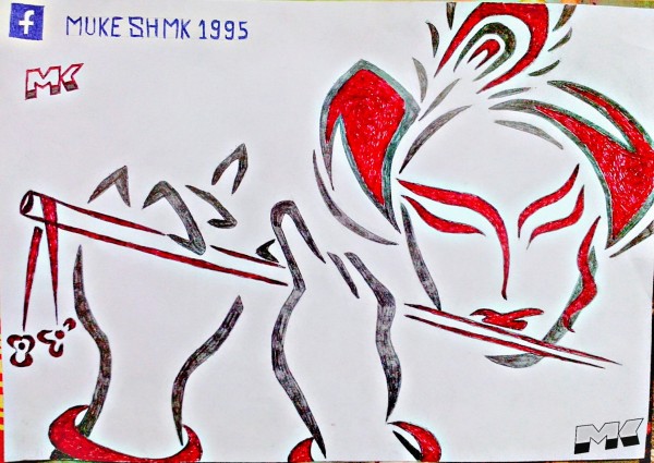Pencil Color Of Lord Krishna Playing Flute - DesiPainters.com