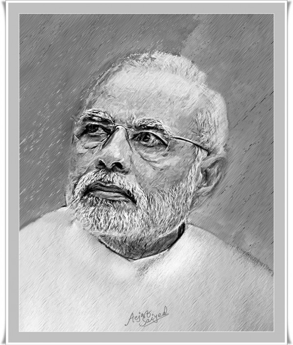 Black And White Mixed Painting Of Narendra Modi