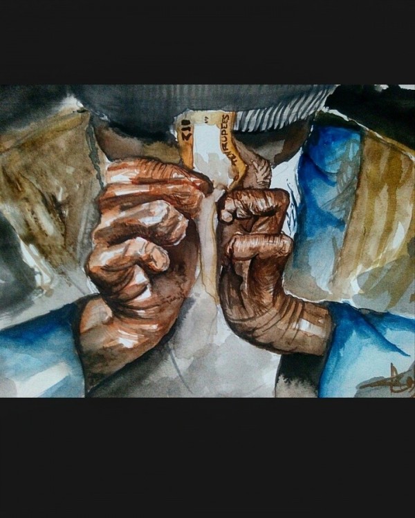 Watercolor Painting Of A Man Showing Money - DesiPainters.com