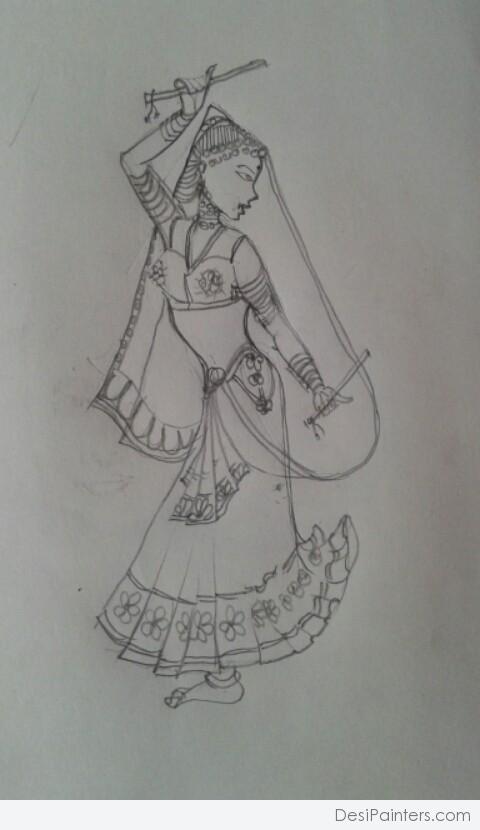 Pencil Sketch Of Gujarati Girl Doing Garba - DesiPainters.com