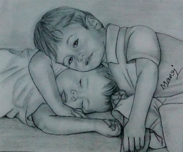 Wonderful Pencil Sketch Of Little Boy And Girl - DesiPainters.com
