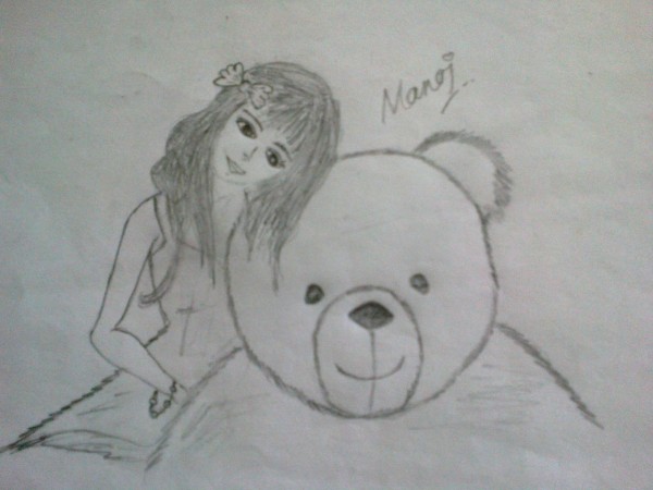 Pencil Sketch Of Girl With Teddy Bear - DesiPainters.com