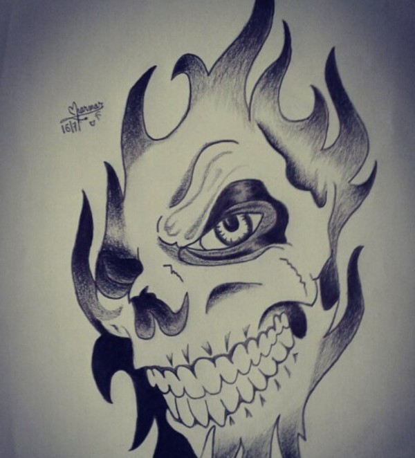 Beautiful Pencil Sketch Of Flaming Skull