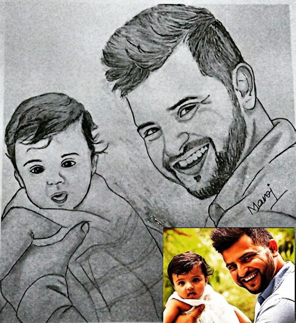 Pencil Sketch Of Suresh Raina With His Daughter