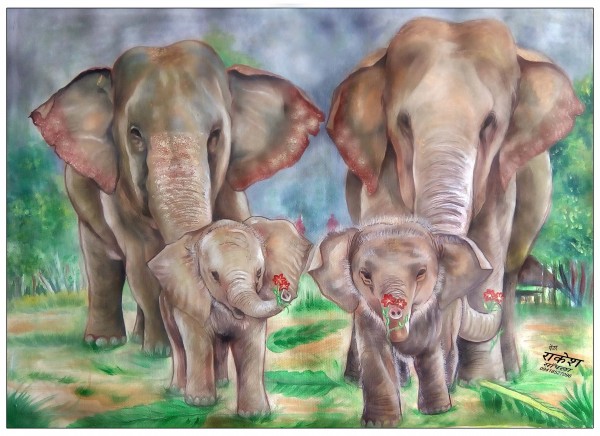 Brilliant Watercolor Painting Of Elephant Family - DesiPainters.com