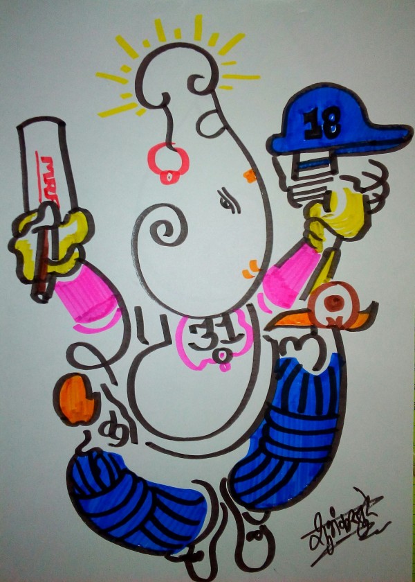 Ink Painting Of Virat Kohli 31st Century Special Akshar Ganesha Art - DesiPainters.com