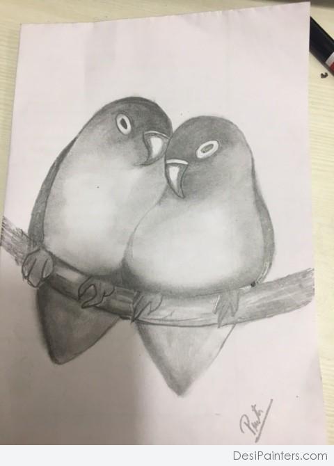 Amazing Pencil Sketch Of Love Birds - DesiPainters.com