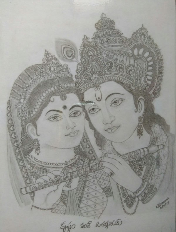 Pencil Sketch Of Lord Krishna & Radha - DesiPainters.com