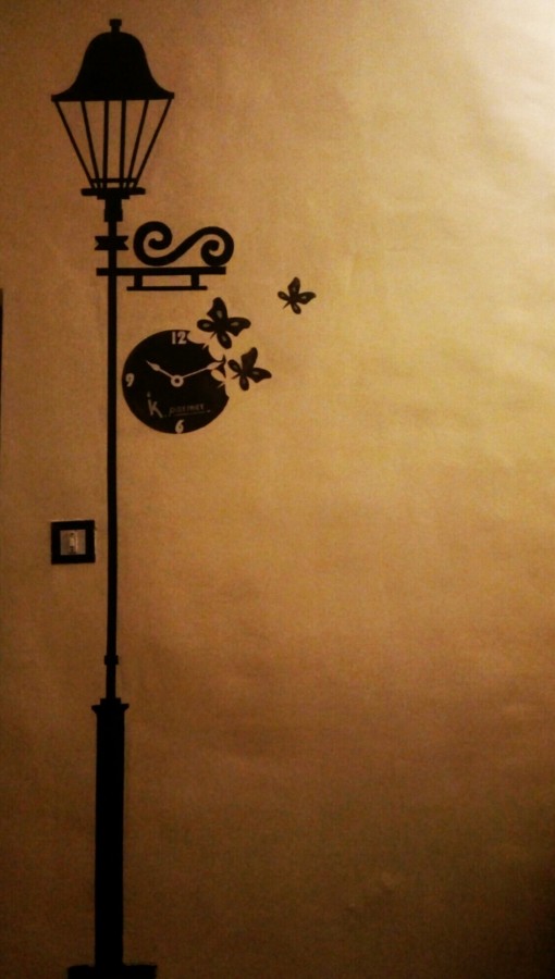 Oil Painting Of Street Light And Wall Clock