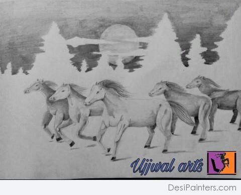 Pencil Sketch Of Horses - DesiPainters.com
