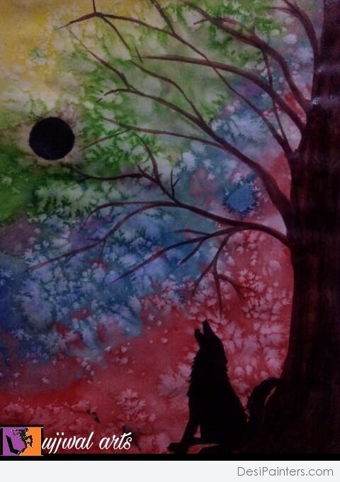 Oil Painting Of Black Moon And Wolf