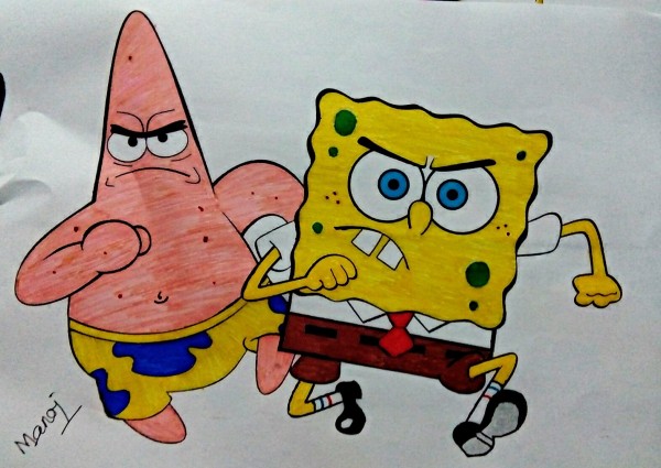 Pencil Color Art Of Spongebob & Mr Patrick - DesiPainters.com