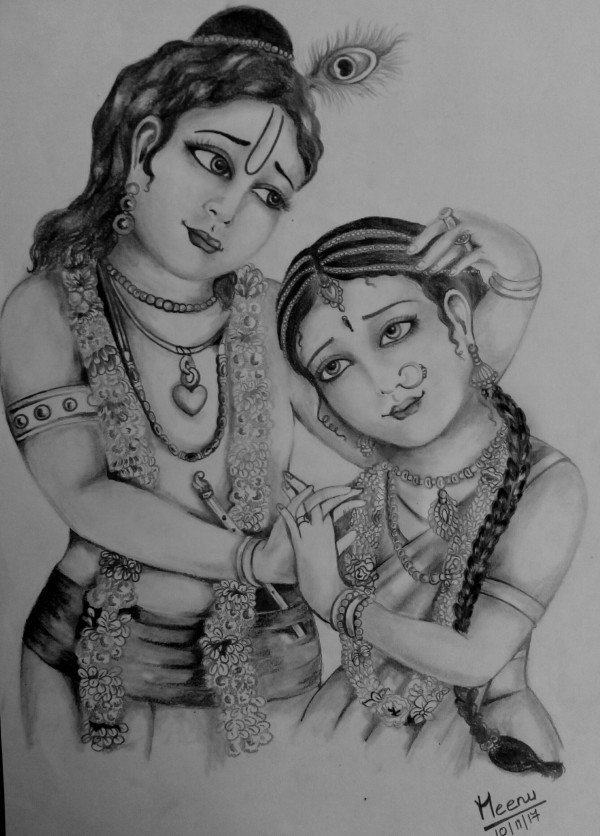 Pencil Sketch Lord Krishna & Radha - DesiPainters.com