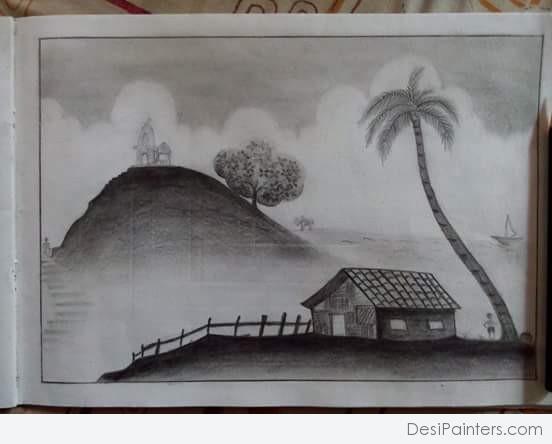 Brilliant Pencil Sketch Of Village Scenery - DesiPainters.com