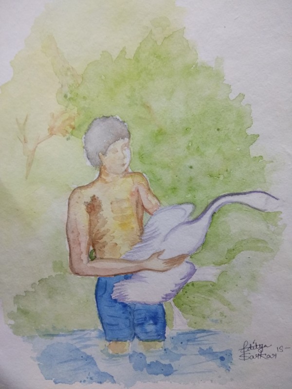 Watercolor Painting Of Boy Holding Swan - DesiPainters.com