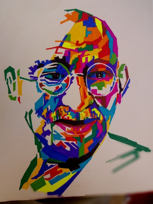 Awesome Mixed Painting Of Mahatma Gandhi Ji