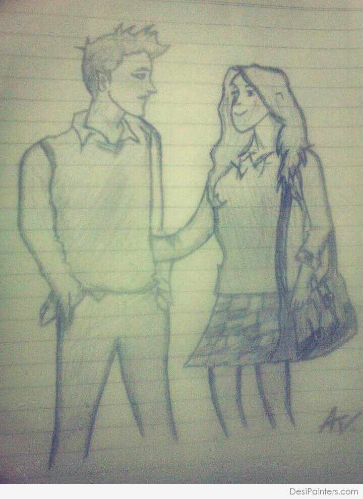 Pencil Sketch Of A Boy And Girl Looking Each Other Desipainters Com