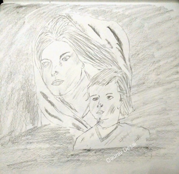 Pencil Sketch Of Mother With Her Child - DesiPainters.com